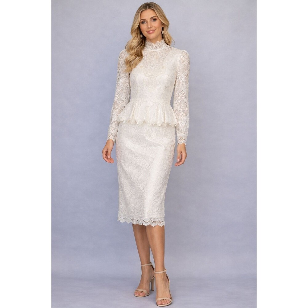 JESSICA McClintock Bridal Ivory Lace Dress Vintage 10 High Neck Long Sleeve
